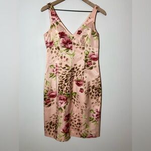Rickie Freeman Teri Jon Satin Pink Floral Mini V-neck Bodycon Dress Sz 4